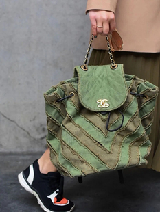 ins网红新品 休闲链条拼接手拎包2025 复古绿色牛仔帆布手提包时尚