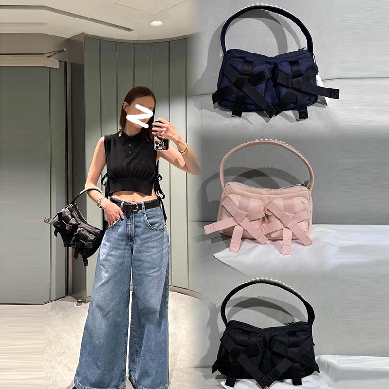 网红同款休闲百搭辣妹蝴蝶结尼龙包珍珠肩带单肩腋下包包新款女包