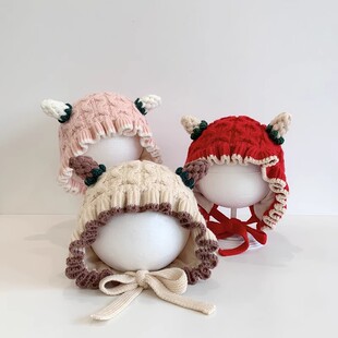 新生婴儿帽子秋冬款小宝宝毛线帽葡萄双角男女宝针织帽冬季婴幼儿