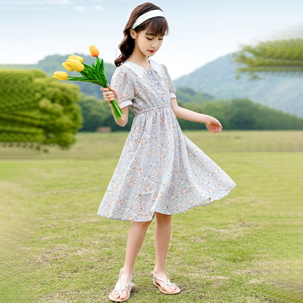 女童连衣裙短袖碎花裙2023新款中大儿童夏季超洋气娃娃领雪纺裙子