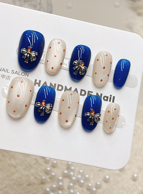 蓝色波点猫眼纯手工短方穿戴甲