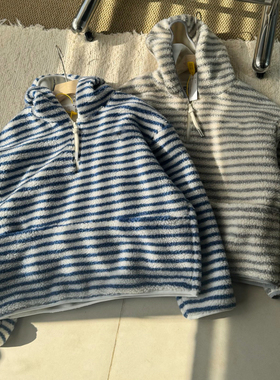 秋冬日常穿搭日系条纹羊羔毛半拉链卫衣09758