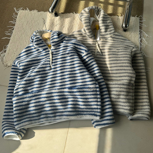 秋冬日常穿搭日系条纹羊羔毛半拉链卫衣09758