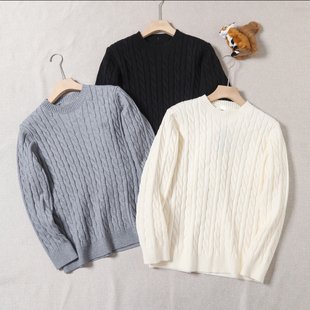 25秋冬纯色麻花针织套头圆领毛衣男女同款