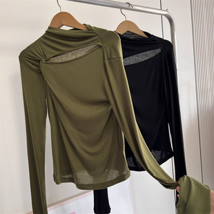 设计感不对称扭结镂空堆叠高领打底衫