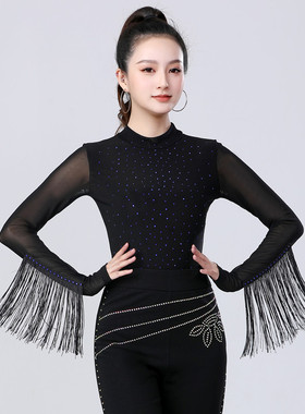 新款舞蹈上衣女立领网纱长袖勾手指连档跳舞衣广场舞显瘦洋气舞服