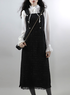 【NON没边】复古富家黑色亮丝编制流苏背心裙气质显瘦吊带连衣裙