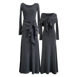 【NON没边】法式复古浪漫温柔针织连衣裙修身长款高个子裙子+披肩