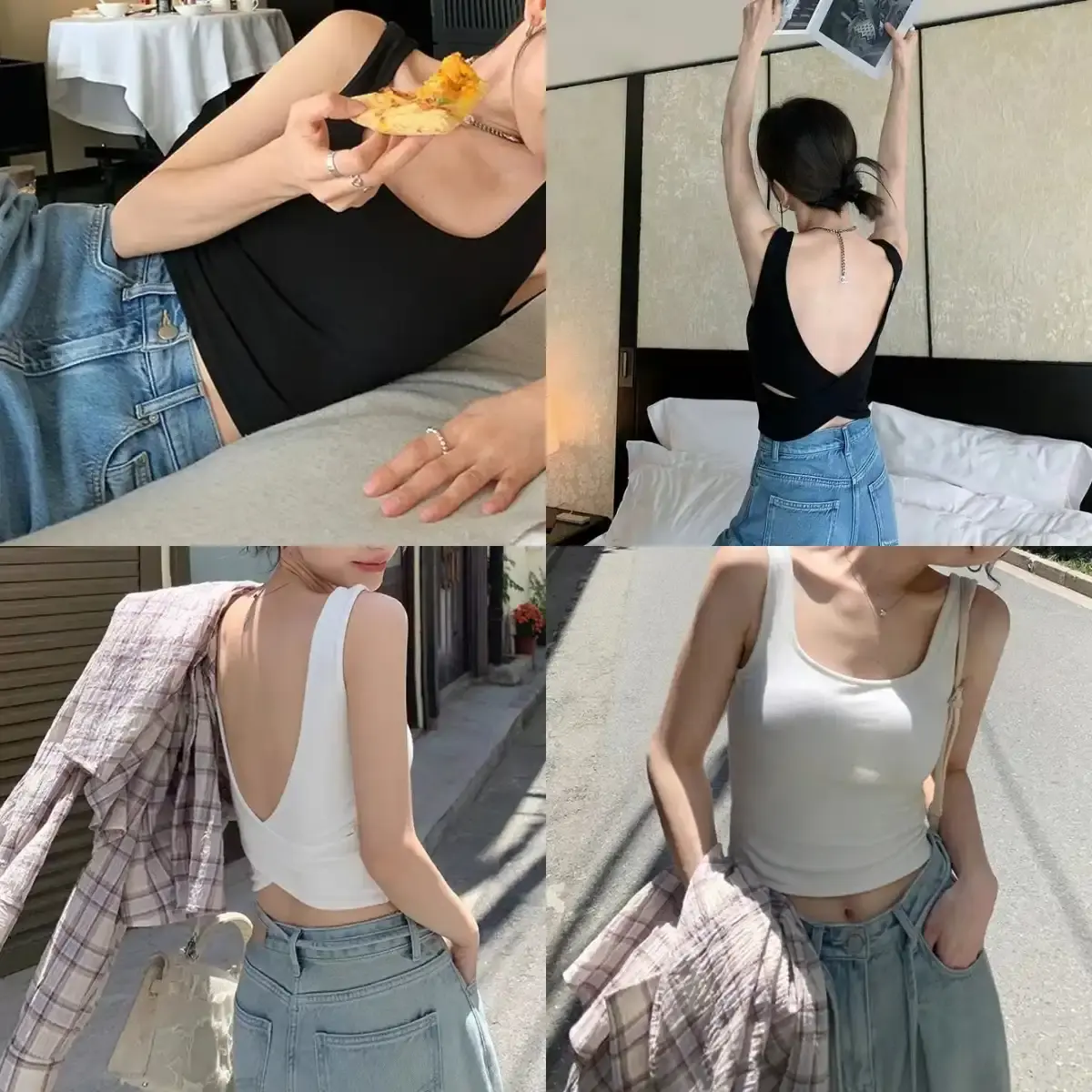 张贝贝同款美式交叉背心女夏自带胸垫辣妹百搭显瘦方领打底上衣女