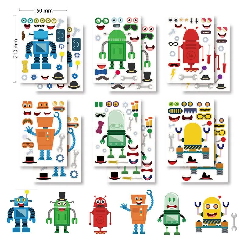 6/12sheets Make A Robot Stickers for Kids DIY Robot Face Puz