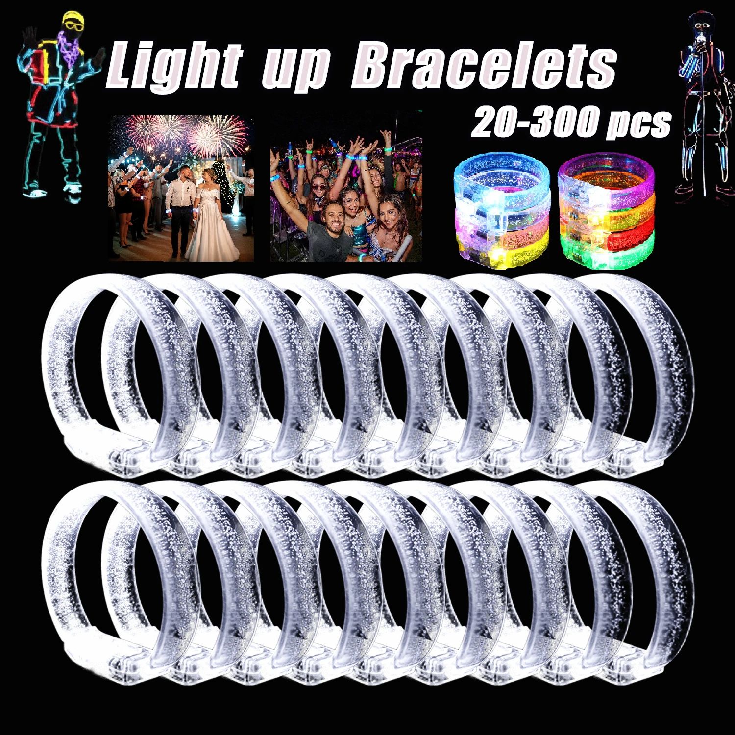 20-300pcs LED Light up Bracelets Glow Neon Wristbands Glow I