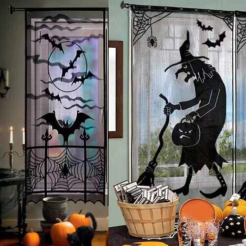 Halloween Witch Bat Skull Door Curtain Ghost Festival Black