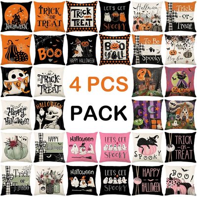 4 Pack Halloween Linen Throw Pillow Covers Cushion Case Vint