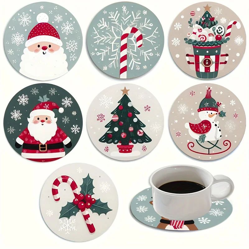 7PCS Christmas Santa Wood Coaster Set - Festive Holiday Drin