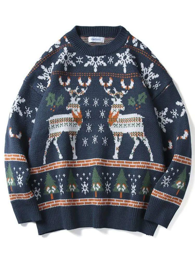 Ugly Christmas Sweater O-Neck Deer Knitted Top Men Oversized
