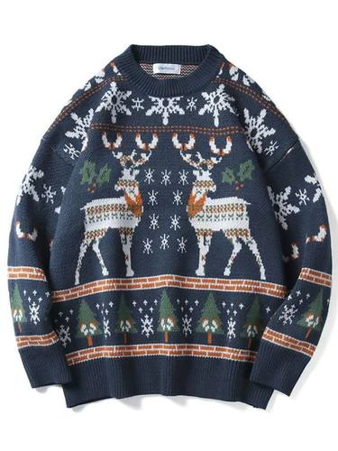 Ugly Christmas Sweater O-Neck Deer Knitted Top Men Oversized