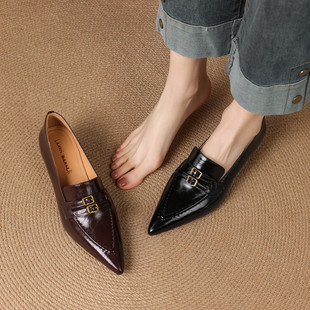 尖头粗跟TPR(牛筋）胶粘工艺头层猪皮浅口单鞋