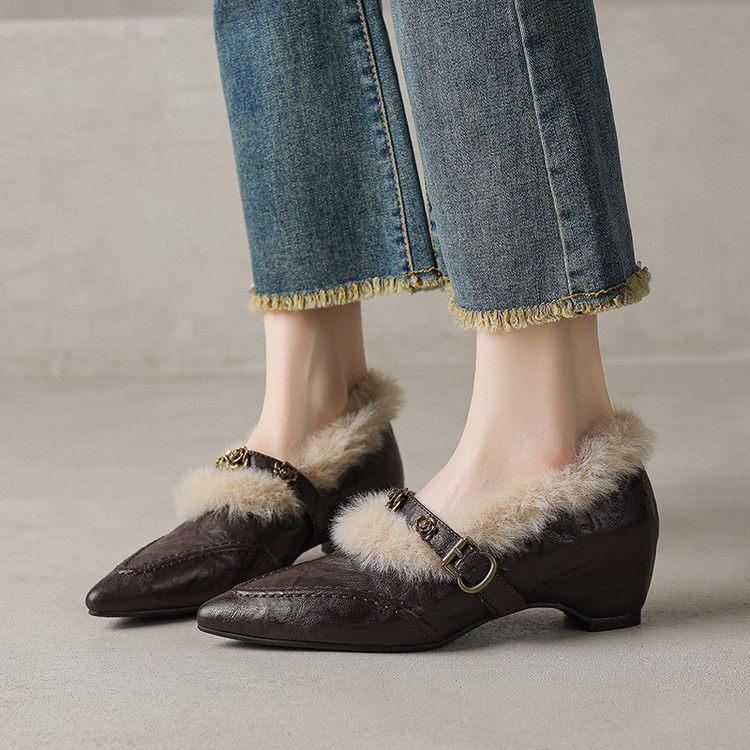 尖头粗跟橡胶胶粘工艺人造长毛绒深口单鞋,女鞋,深口单鞋,淘宝优惠券,粉丝福利购,淘宝优惠卷