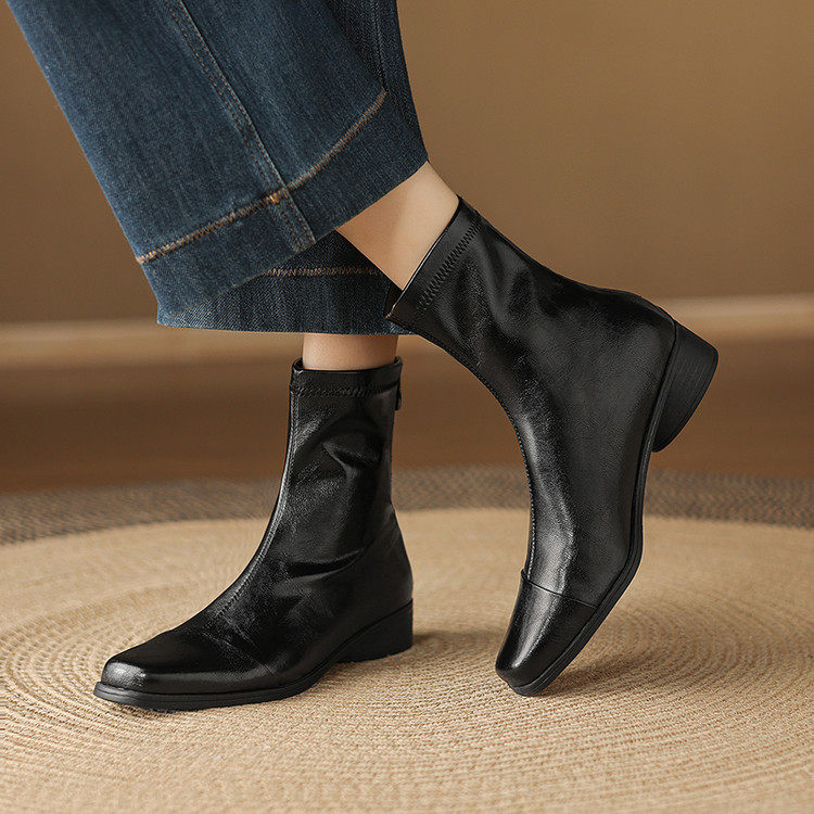 方头粗跟橡胶冬季头层猪皮时装靴