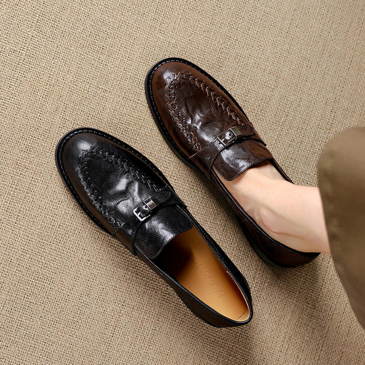 圆头粗跟橡胶胶粘工艺头层猪皮乐福鞋（豆豆鞋）,女鞋,乐福鞋（豆豆鞋）,淘宝优惠券,粉丝福利购,淘宝优惠卷