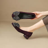 头层猪皮通用浅口单鞋 圆头粗跟TPR 牛筋