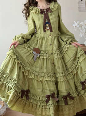 定金慢团 塔莎的花园 OP秋香绿全开襟CLA叠叠裙超重工森系复古