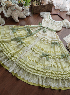 现货 塔莎的花园 青草奶绿 JSK渐变飞袖CLA段段叠叠重工森系复古