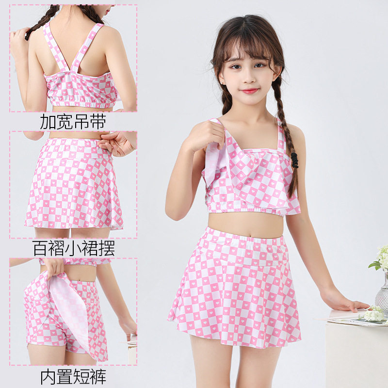 新款儿童女格子小清新心心印花分体裙式泳衣海边女童公主裙子