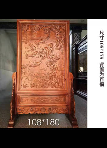 东阳木雕年年有余实木屏风中式玄关隔断