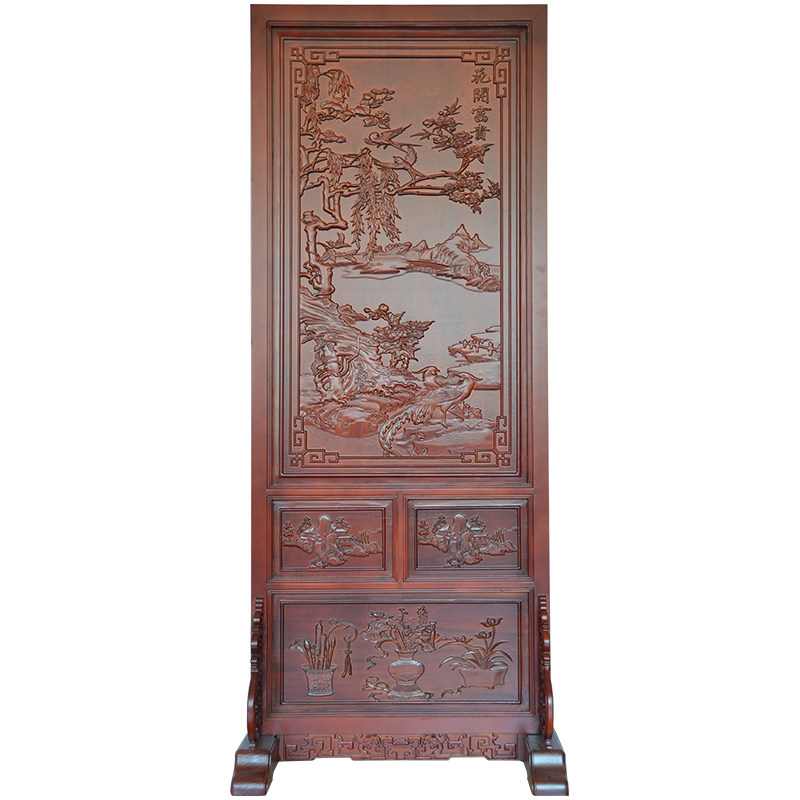 木雕屏风 一米内宽花开富贵移动落地屏风 办公室客厅过道屏风隔断
