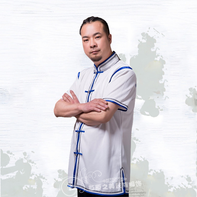 蒙古袍演出服男工作服日常短款民族生活装酒店服务员服装短袖新品