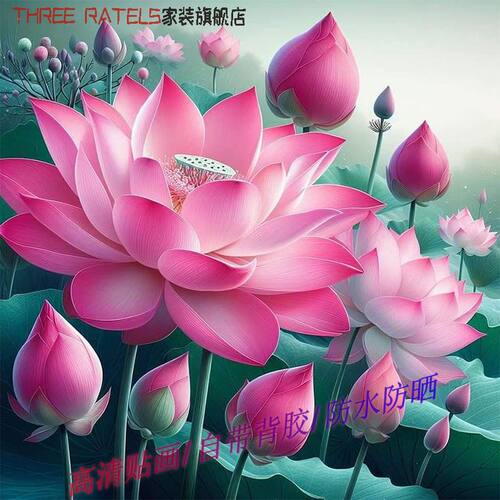 莲花荷叶山水贴画墙贴壁画自贴纸好运连连门贴房间画报佛贴装饰画