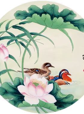 圆形荷花风景图贴画客厅卧室出租房浴室装饰自粘贴古风壁纸防水款