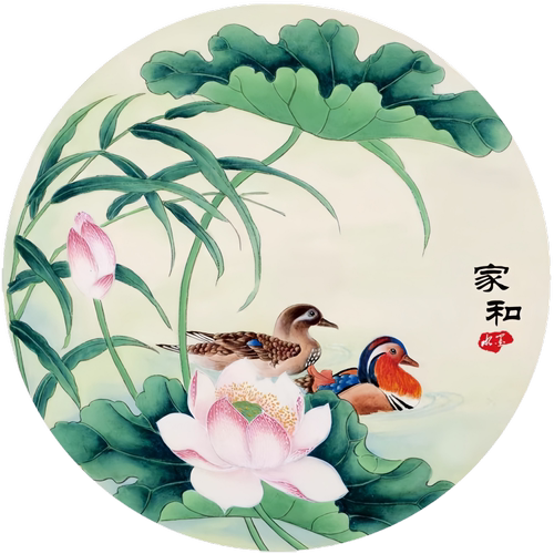 圆形荷花风景图贴画客厅卧室出租房浴室装饰自粘贴古风壁纸防水款