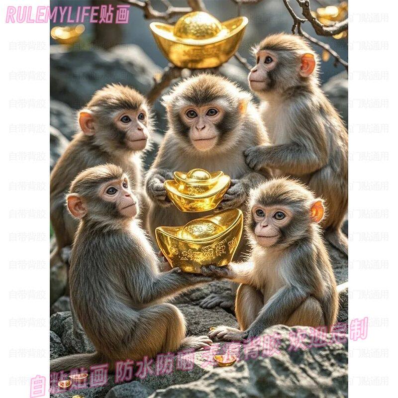 金猴献宝猴子生肖贴画门窗墙贴纸高级背景贴饰吉祥遮丑自粘装饰画