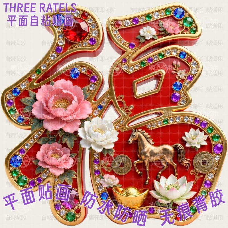 莲花牡丹花开富贵福字贴画贴墙上