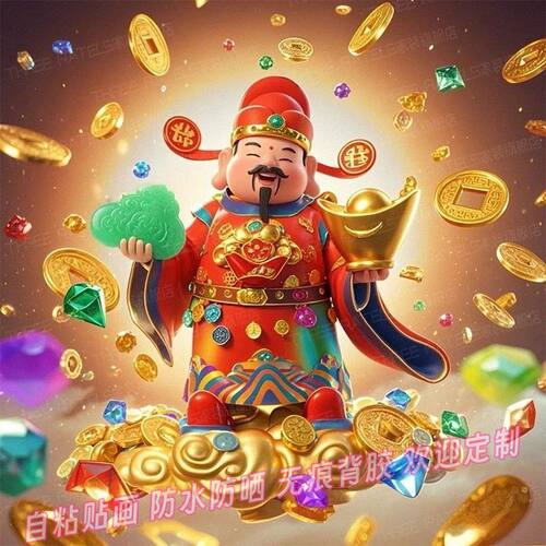 福禄财神送财宝卡通贴画如意贴纸餐厅墙上复古壁画吉祥贴饰装饰画