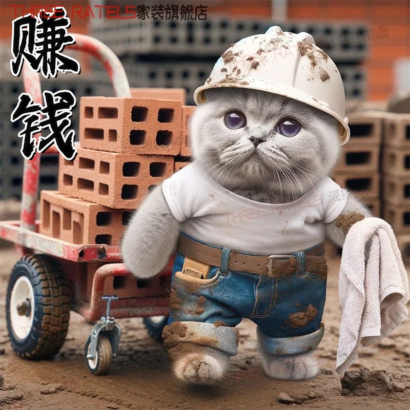 可爱搬砖猫咪自贴画书房卧室海报贴纸贴墙搞钱拼搏励志个性装饰画图片