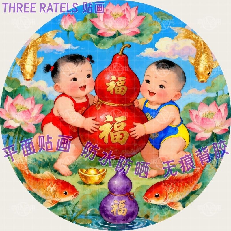 荷花锦鲤娃娃图童子葫芦贴画门贴墙画冰箱贴纸喜庆新年画招财装饰图片