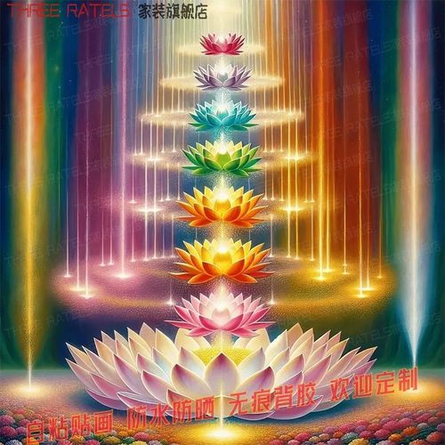 炫彩七色莲花贴画墙贴纸金莲花佛贴壁纸玄关客厅墙自粘装饰画海报