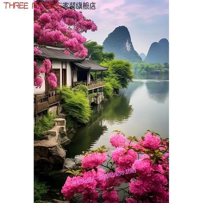 绿水青山风景画小桥流水仙境贴纸