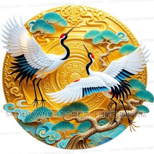 团鹤图自粘贴画古风仙鹤贴纸祥云图案画古典中国风防水自粘贴画