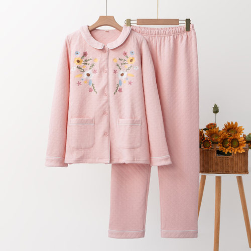 新款睡衣女三层夹棉家居服秋冬季长袖长裤刺绣娃娃领可外穿家居服
