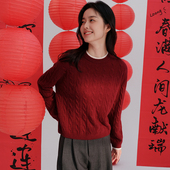 思诺芙德100%山羊绒衫 女红色针织秋冬圆领假两件绞花新年战袍毛衣