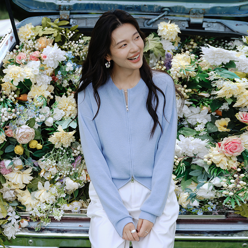 思诺芙德圆领双拉链羊绒开衫