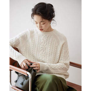 思诺芙德羊绒衫女25秋冬新款圆领重磅绞花毛衣白色加厚针织衫
