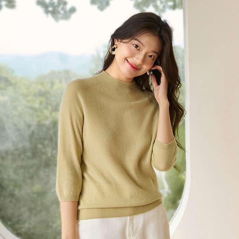 思诺芙德半高领无缝七分袖羊毛衫