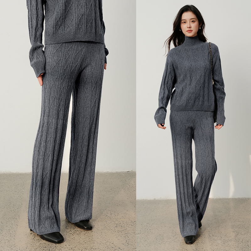 思诺芙德高腰绞花100%山羊绒长裤