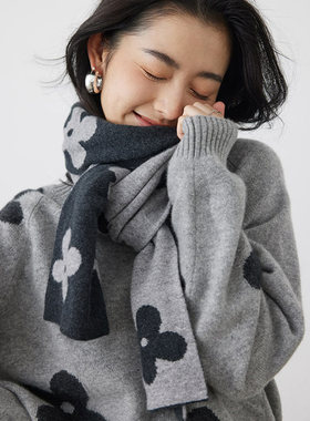 思诺芙德羊绒围巾女双面山羊绒勾花围脖灰黑色四叶草保暖针织披肩
