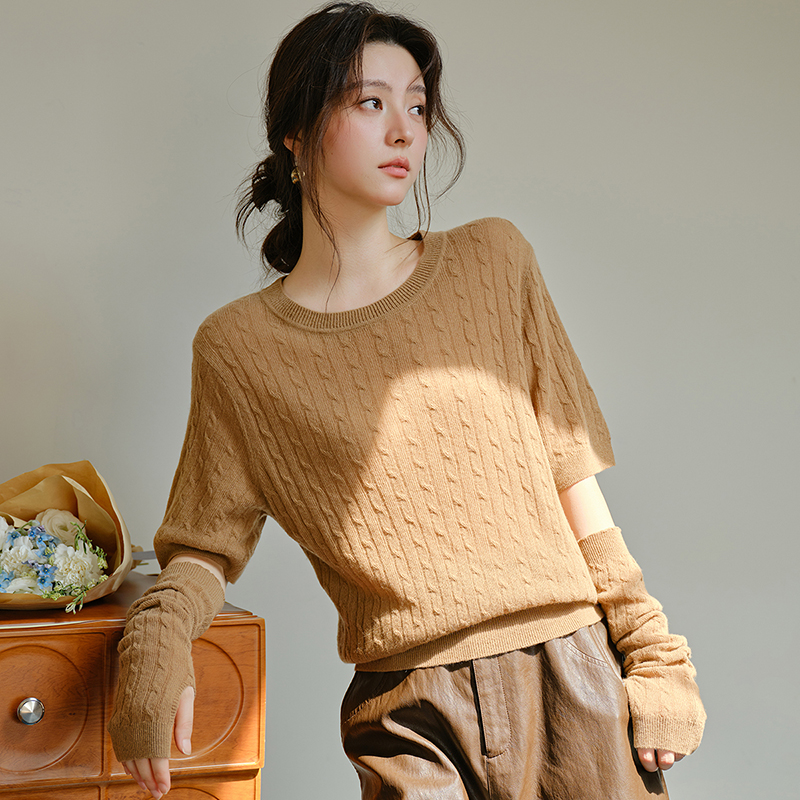 思诺芙德圆领带袖套短袖山羊绒衫